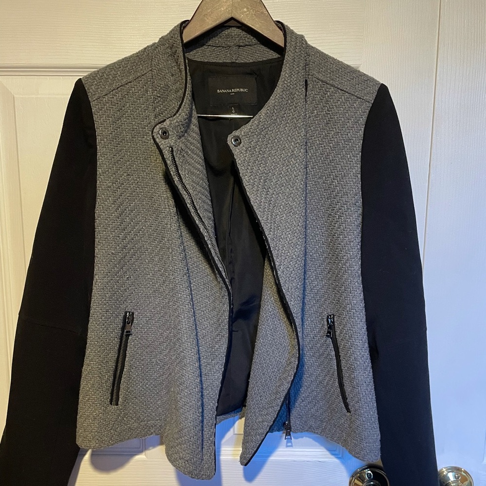 Black and grey woven bomber
